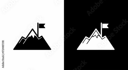 Summit Flag: A monochromatic artistic representation of a majestic mountain peak, adorned with a flag atop, symbolizing the pinnacle of achievement and the unwavering pursuit of ambitions. 