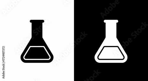 Black and White Science Icon: A graphic black and white rendering showcases an Erlenmeyer flask, symbolizing the essential elements of chemistry, research, and scientific discovery. 