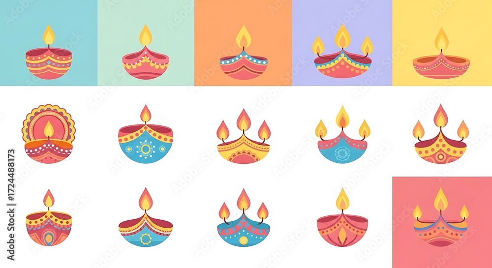 Naklejka premium A collection of colorful and intricately designed traditional Indian oil lamps (diyas) with burning flames, set against various pastel backgrounds, representing festive decorations.