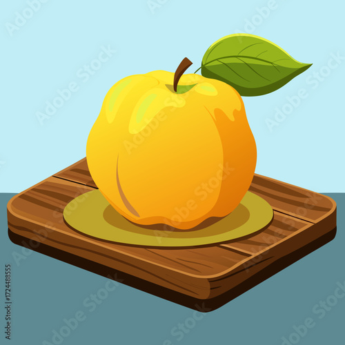 A single, whole quince with its golden-yellow, fuzzy skin, placed on a rustic wooden board. Soft side lighting, autumn harvest fruit, aromatic when cooked.