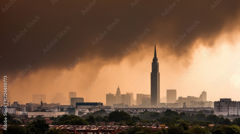 Obraz premium Dramatic Sunset Sky Over City Skyline With Towering Building Silhouetted Against Dark Clouds