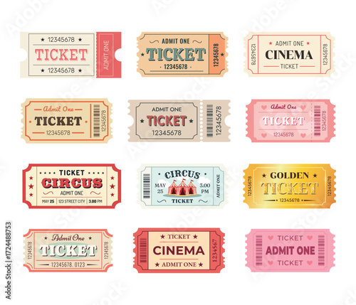 Set of tickets. 12 tickets for cinema, concert, festival, theater, circus, film, movie, travel, casino, club, show. Vector illustration