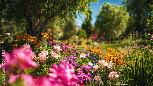 Fototapeta Naklejka Na Ścianę i Meble -  Vibrant garden filled with colorful flowers in a sunny environment surrounded by lush greenery and trees under a clear blue sky.