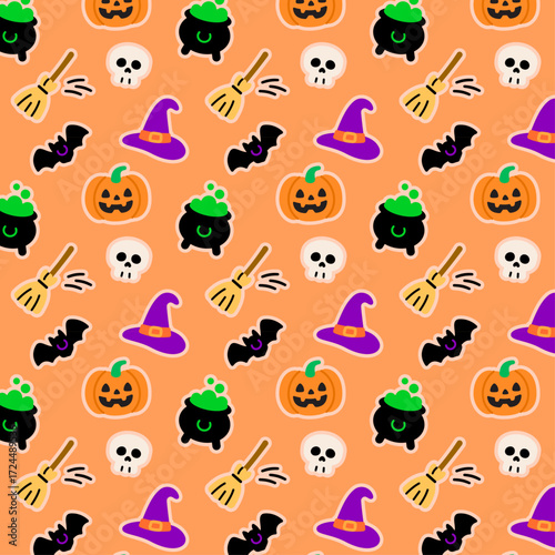 A repeating pattern featuring whimsical Halloween characters, including witches, pumpkins, and bats.