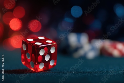 Close-up of a Single Red Transparent Dice on a Dark Green Felt Table - Casino Game, Gambling, Chance, Risk, Nightlife