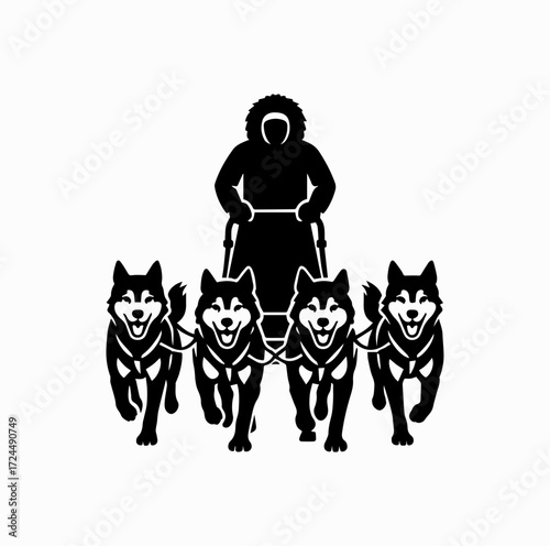 Sled Dogs with Musher Silhouette – Arctic Dog Sledding Vector Art