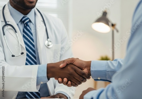 African American Doctor Handshake With Patient In Clinic, White Coat and Blue Tie Close