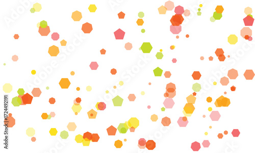 Abstract geometric background with colorful pentagons and hexagons scattered on white