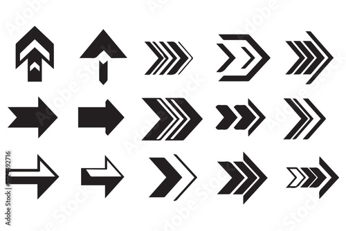Collection of black arrow icons pointing in various directions isolated on Transparent Background