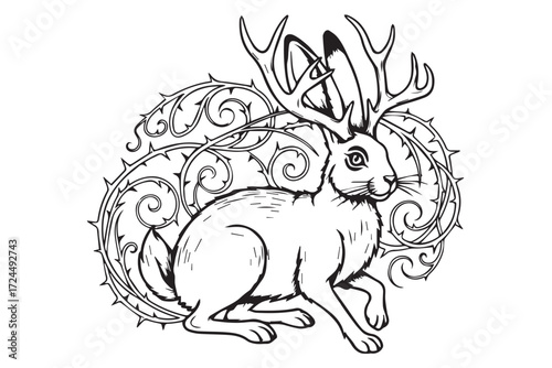 Mythical creature jackalope with antlers and thorny vines isolated on Transparent Background