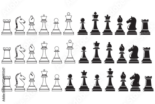 Collection of chess pieces in black and white silhouettes, isolated on Transparent Background