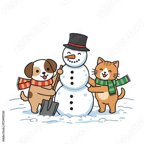 Cute dog and cheerful cat, wearing striped winter scarves, happily build a smiling snowman in a snowy field with a shovel and carrot nose, presented as a vibrant 2D flat vector.