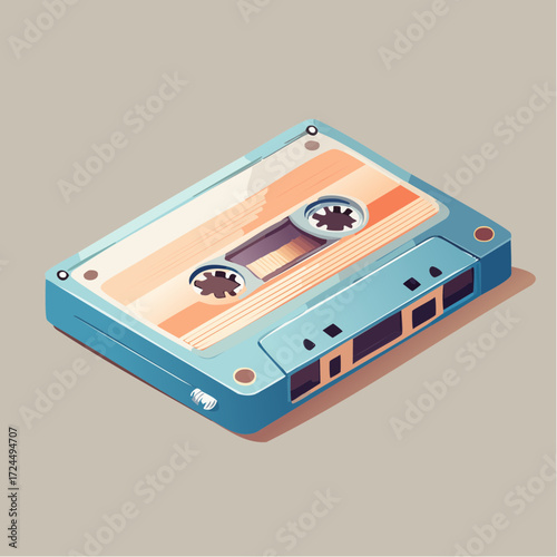 Retro Cassette Tape Player Isometric Illustration Pastel Blue Beige Minimalist Vector Graphic Design