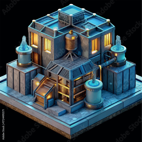 Industrial Blueprint: A meticulously crafted isometric illustration of a futuristic factory, showcasing intricate architectural details and advanced technology in a visually engaging manner.