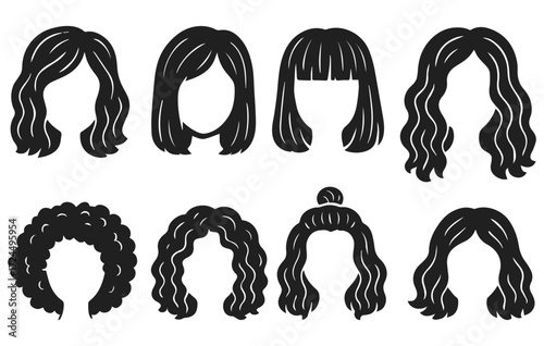 Female Hairstyle Collection Hand Drawn Silhouette Isolated on Transparent Background, Generative AI