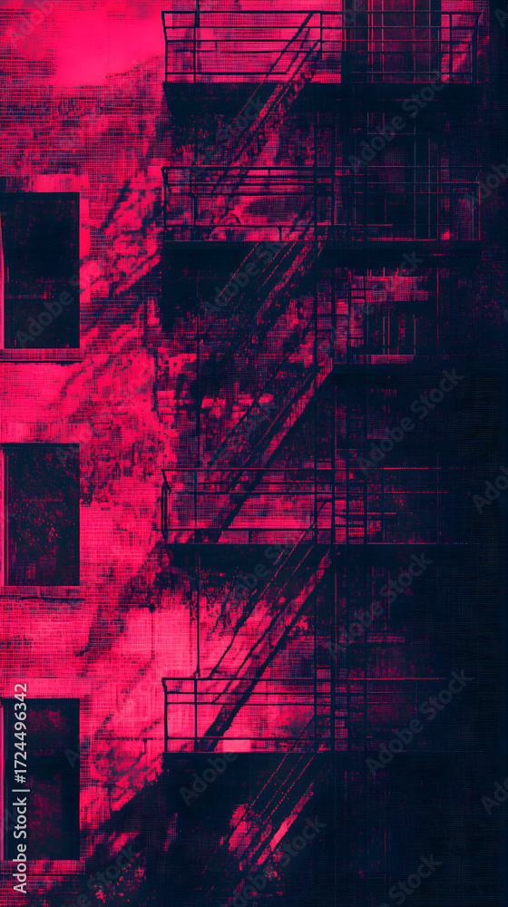 Obraz premium Urban Red Silhouette: An aged building's facade, painted in crimson hues, is etched with the stark silhouette of a fire escape, evoking a sense of urban intrigue and aged history.