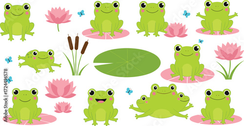 Cartoon frog illustration, playful pond scene, cute animal vector, lotus flower art, butterfly interaction, nature theme, children’s design, cheerful layout