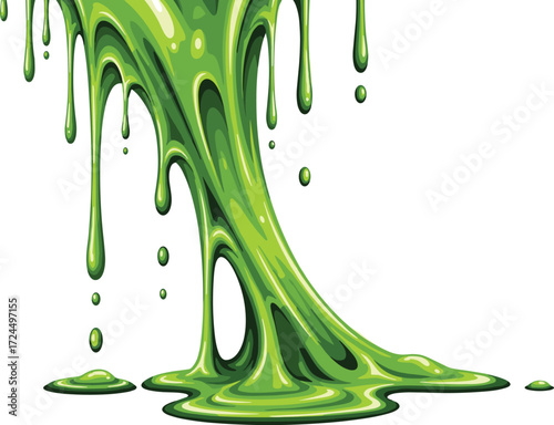 Green slime illustration, dripping goo vector, cartoon liquid, messy substance art, Halloween theme, glossy texture, toxic spill, fluid design
