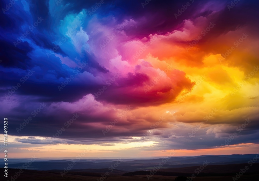 Fototapeta premium Dramatic Cloudscape with Intense Color Gradient Over Rolling Hill Landscape View