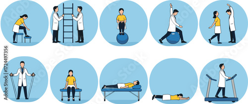 Physical therapy illustration, rehabilitation exercises, patient care, therapist support, mobility training, cartoon vector, health recovery, medical activity, balance therapy
