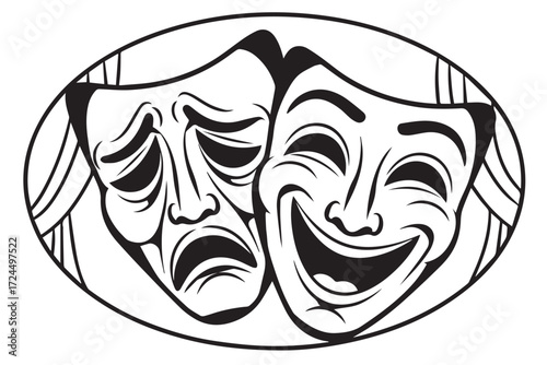 Classic comedy and tragedy theater masks in an oval frame, isolated on Transparent Background