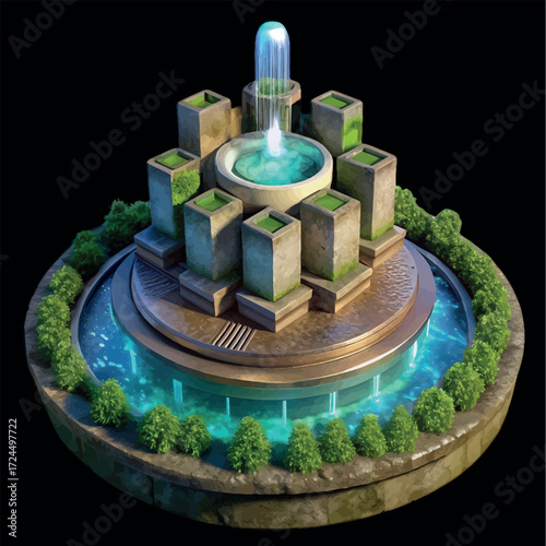 Water Fountain: A visually stunning water fountain design, blending modern architecture with natural elements, inviting contemplation and relaxation.