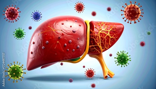 A 3D medical illustration featuring a human liver surrounded by various colored viral particles. The rendering highlights potential health issues and infections