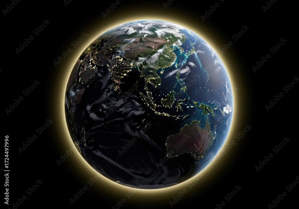 Fototapeta premium Earth From Space with City Lights and Clouds on Transparent Background
