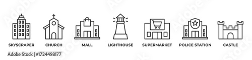 Landmarks of Civilization Icons set vector illustration  outline with Skyscraper, Church, Mall, Lighthouse, Supermarket, Police station, Castle