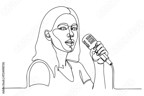 Continuous line drawing of a woman singing into a microphone isolated on Transparent Background