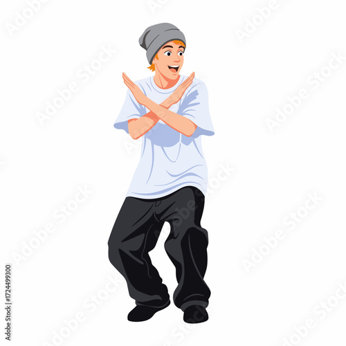 2D flat vector illustration of a gilpy teenage boy in loose t-shirt and beanie, performing a cross hand bounce hip hop move with arms crossing in front and knees bent in rhythm.