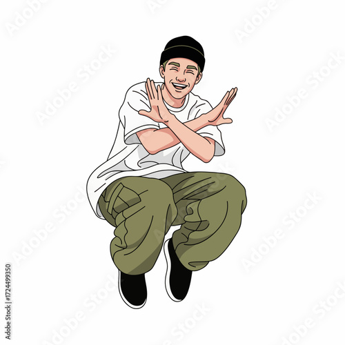 2D flat vector illustration of a gilpy teenage boy in loose t-shirt and beanie, performing a cross hand bounce hip hop move with arms crossing in front and knees bent in rhythm.