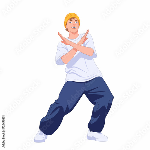 2D flat vector illustration of a gilpy teenage boy in loose t-shirt and beanie, performing a cross hand bounce hip hop move with arms crossing in front and knees bent in rhythm.