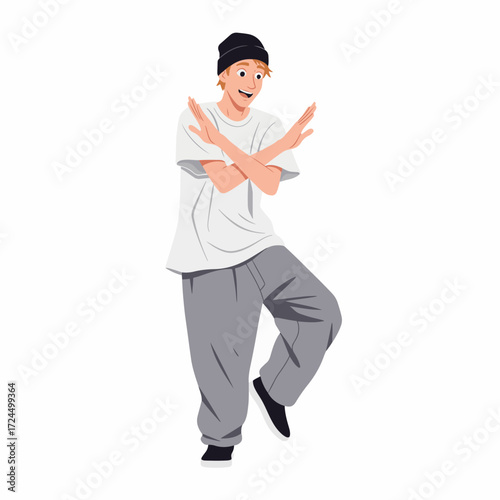 2D flat vector illustration of a gilpy teenage boy in loose t-shirt and beanie, performing a cross hand bounce hip hop move with arms crossing in front and knees bent in rhythm.