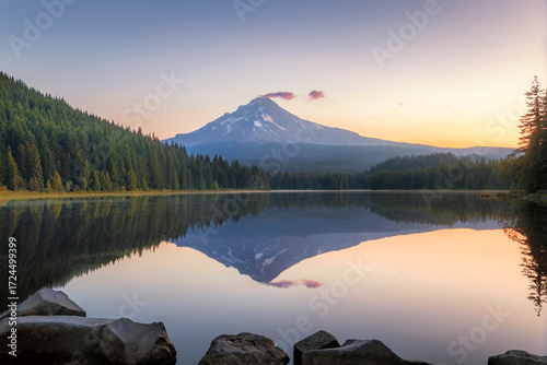 Sunrise over Mount Hood and Trillium Lake in Oregon