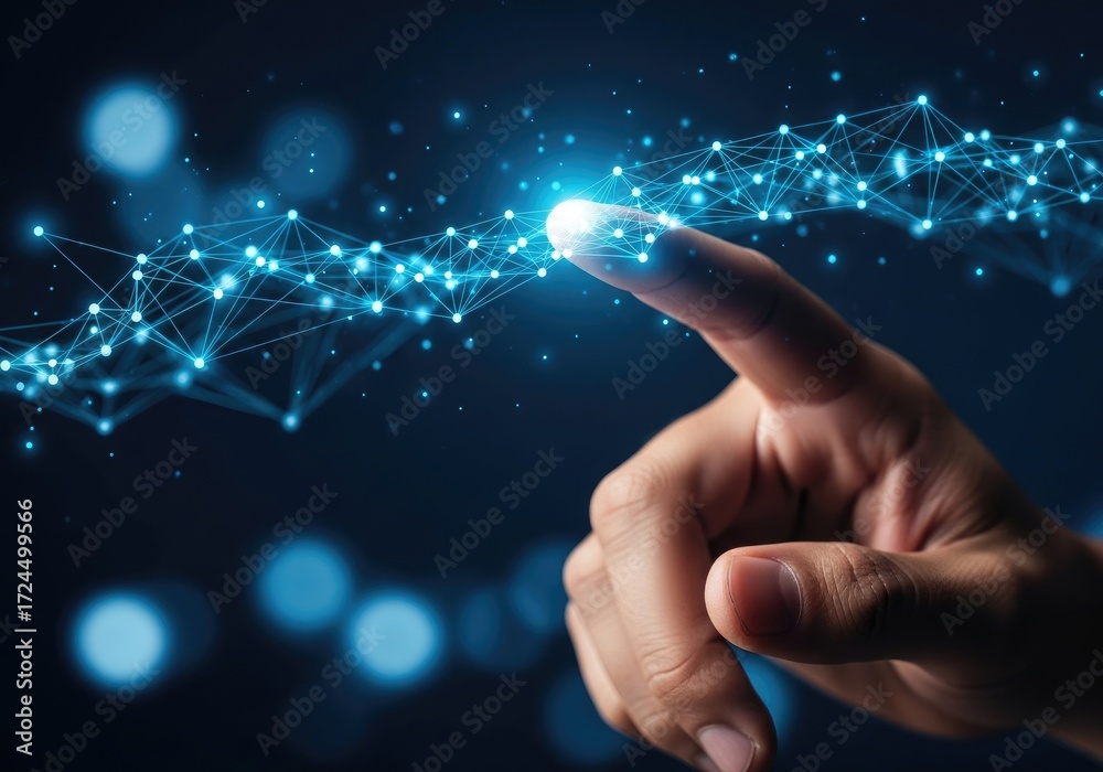 Fototapeta premium Finger Touches Glowing Blue Network Connection Points on Dark Background