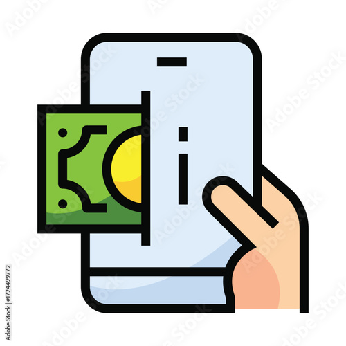 Hand holds smartphone with cash inserted into screen slot