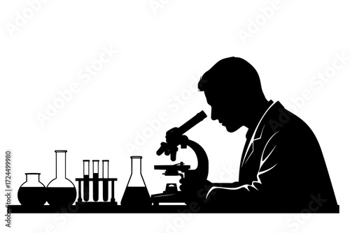 Scientist Researcher Silhouette Vector. Person Intently Looking into Microscope in Laboratory. Beakers, Test Tubes, Flasks. Scientific Discovery and Research.