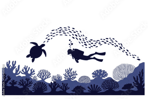 Underwater Scuba Diver Silhouette Vector. Exploring Vibrant Coral Reef with Sea Turtle, Fish, and Marine Life. Ocean Wonder and Biodiversity. Deep Sea Adventure.