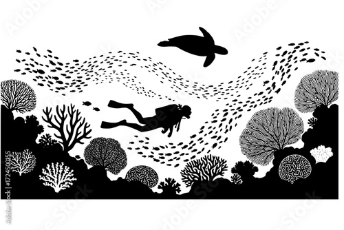 Underwater Scuba Diver Silhouette Vector. Exploring Vibrant Coral Reef with Sea Turtle, Fish, and Marine Life. Ocean Wonder and Biodiversity. Deep Sea Adventure.