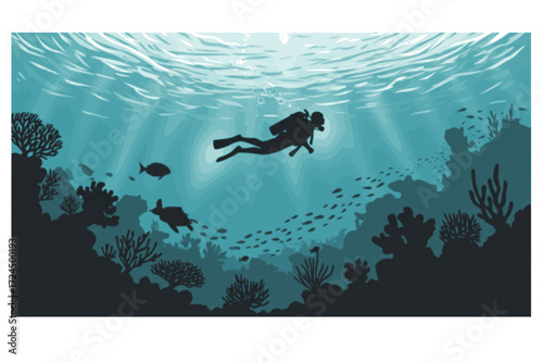 Underwater Scuba Diver Silhouette Vector. Exploring Vibrant Coral Reef with Sea Turtle, Fish, and Marine Life. Ocean Wonder and Biodiversity. Deep Sea Adventure.