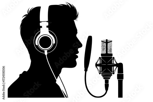 Clean, Modern Silhouette Vector: Person with Headphones Speaking into Professional Studio Microphone. Focused on Communication, Podcasting, and Content Creation. Audio Recording.