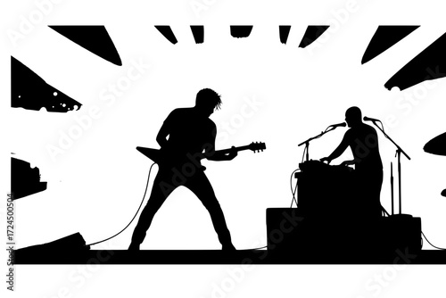 High-Energy Musician Live Performance Silhouette Vector. Dynamic Rock Guitarist, Singer, or DJ with Stylized Stage Lights. Music, Excitement, and Concert Atmosphere.