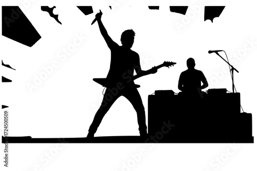 High-Energy Musician Live Performance Silhouette Vector. Dynamic Rock Guitarist, Singer, or DJ with Stylized Stage Lights. Music, Excitement, and Concert Atmosphere.