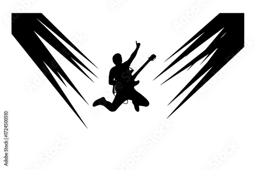 High-Energy Musician Live Performance Silhouette Vector. Dynamic Rock Guitarist, Singer, or DJ with Stylized Stage Lights. Music, Excitement, and Concert Atmosphere.