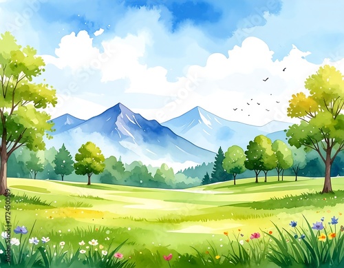 Watercolor landscape of a valley