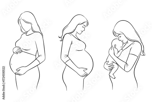 Tender Maternity Journey Silhouette Vector Set. Woman Through Pregnancy Stages: Early Bump, Full-Term Profile, Mother Holding Newborn. Love and New Life.