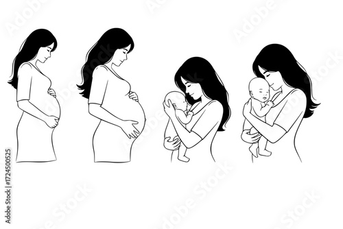 Tender Maternity Journey Silhouette Vector Set. Woman Through Pregnancy Stages: Early Bump, Full-Term Profile, Mother Holding Newborn. Love and New Life.