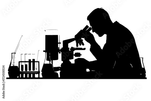 Scientist Researcher Silhouette Vector. Person Intently Looking into Microscope in Laboratory. Beakers, Test Tubes, Flasks. Scientific Discovery and Research.