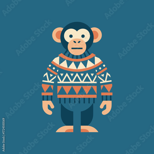 Cartoon monkey wearing a patterned sweater on blue background  